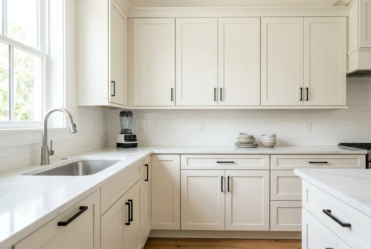 Bright kitchen with white cabinetry and stone countertops; illustrative image, not a completed OttoServ project