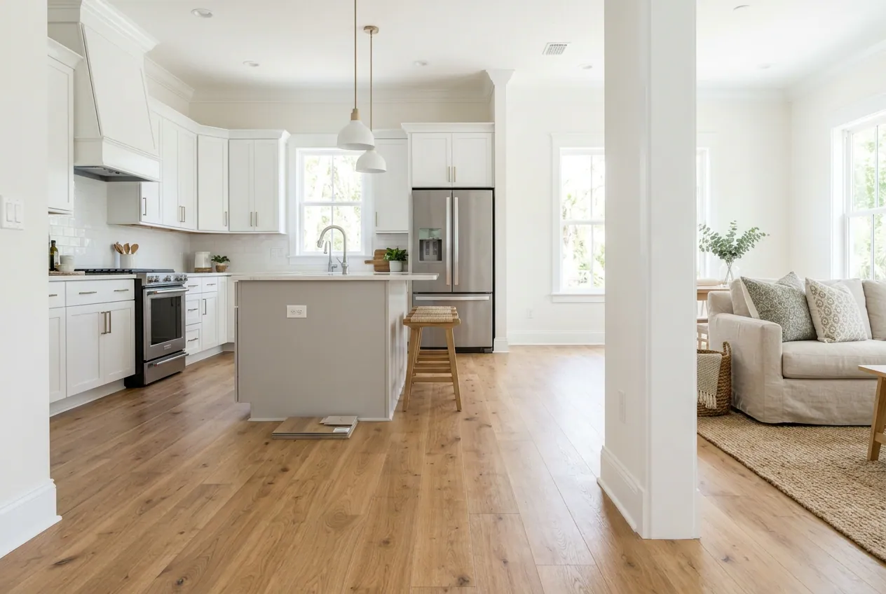 Open-plan interior with warm wood flooring; illustrative image, not a completed OttoServ project