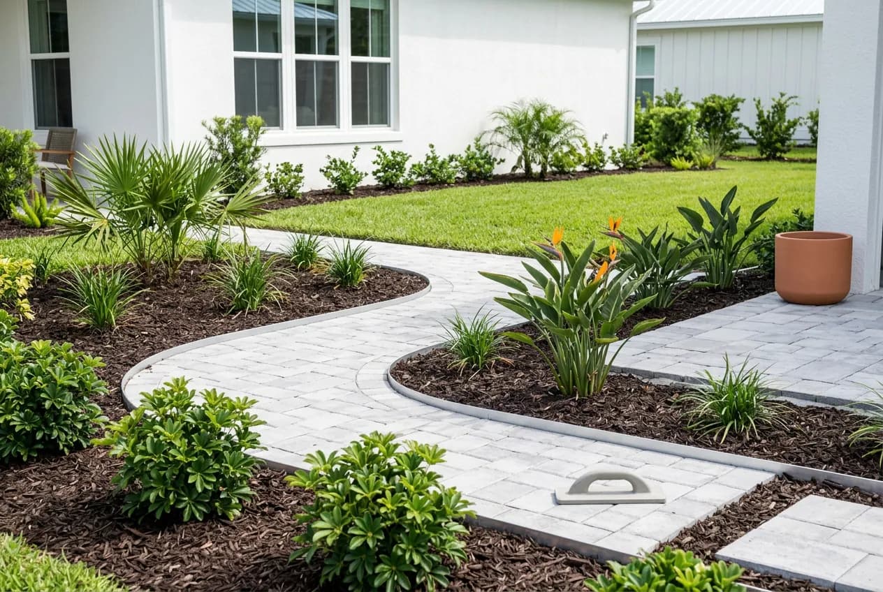 Landscaped front yard with planting beds, lawn, and a paved walkway; illustrative image, not a completed OttoServ project