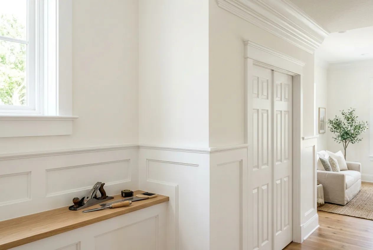 Bright interior with finished baseboards, door trim, crown molding, and millwork; illustrative image, not a completed OttoServ project