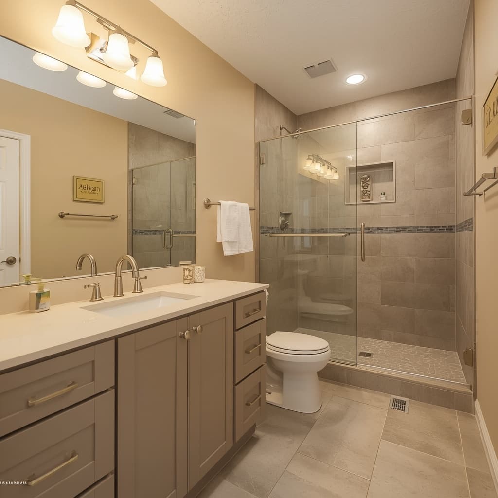 AI-generated illustration of a bathroom with a double vanity and glass shower; not a completed OttoServ project