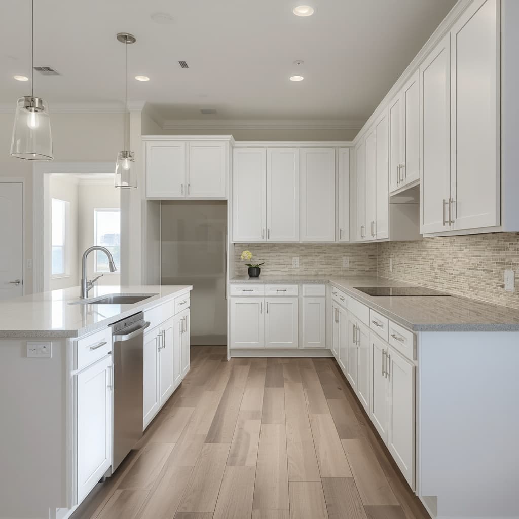 AI-generated illustration of a bright kitchen with white cabinets and light wood flooring; not a completed OttoServ project